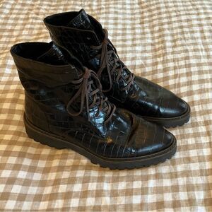 Freda Salvador Emi Lug Sole Lace Up Combat Boot in Mocha Embossed Croc Size 9